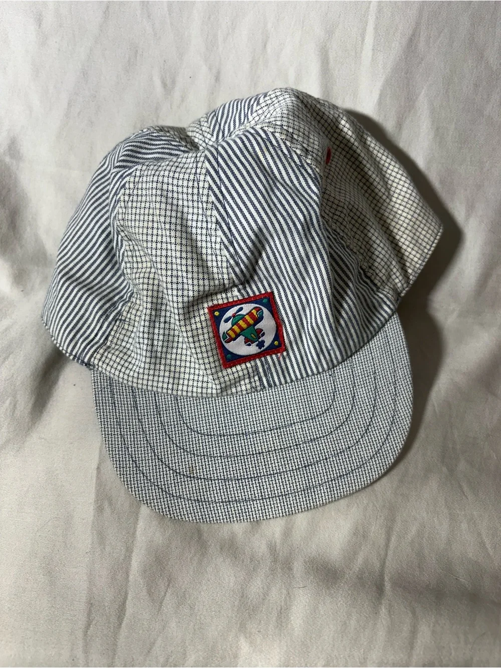 Vintage Gymboree White & Navy Striped Kids Cap with Airplane Patch